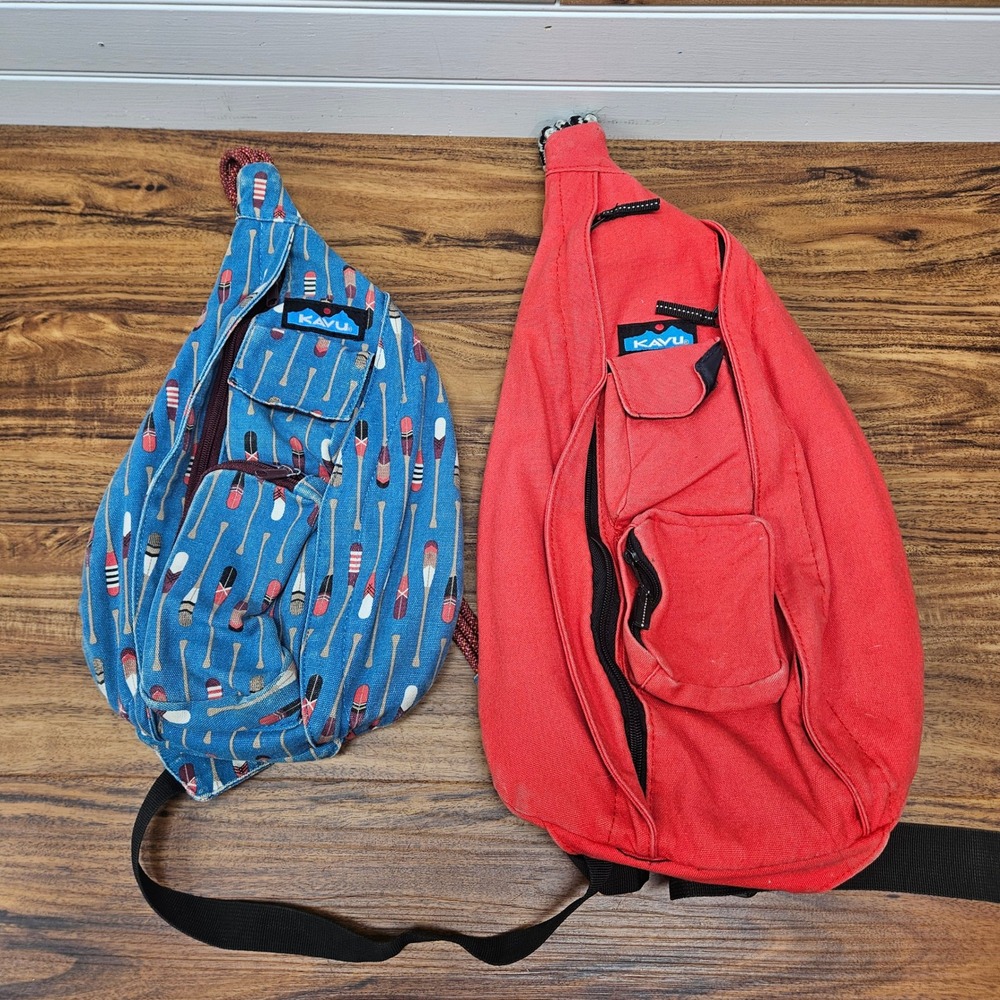 Lot of 2 KAVU Rope Bags Red Solid and Blue Oar Print Canvas Sling Backpacks